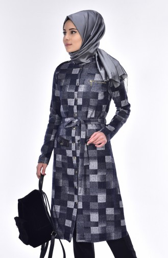 Coat with Snap Fasteners and Belt 9116-01 Navy Blue 9116-01
