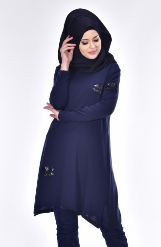 Spangle Detailed Knitwear Tunic 1130-07 Navy Blue 1130-07