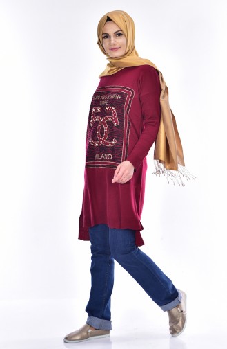 Pearl Decorated Knitwear Tunic 1310-01 Claret Red 1310-01