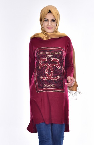 Pearl Decorated Knitwear Tunic 1310-01 Claret Red 1310-01