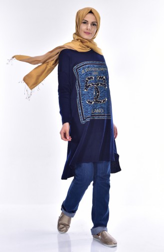 Pearl Decorated Knitwear Tunic 1310-06 Navy Blue 1310-06