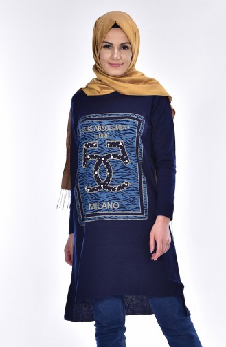 Pearl Decorated Knitwear Tunic 1310-06 Navy Blue 1310-06
