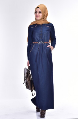 Denim Dress with Belt 9199-01 Dark Navy Blue 9199-01