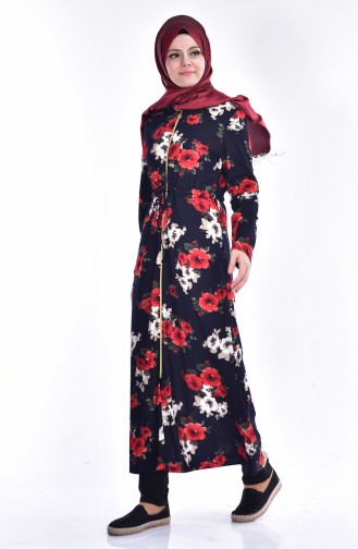 Flower Decorated Coat 4113-01 Navy Blue Red 4113-01