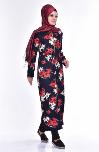 Flower Decorated Coat 4113-01 Navy Blue Red 4113-01