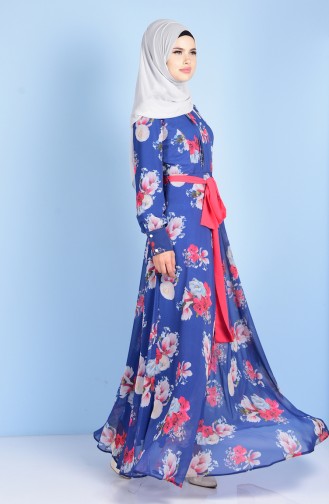 Çiçek Desenli Şifon Elbise 0519-01 Mavi