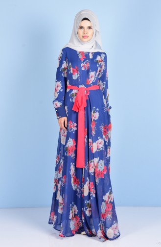 Çiçek Desenli Şifon Elbise 0519-01 Mavi