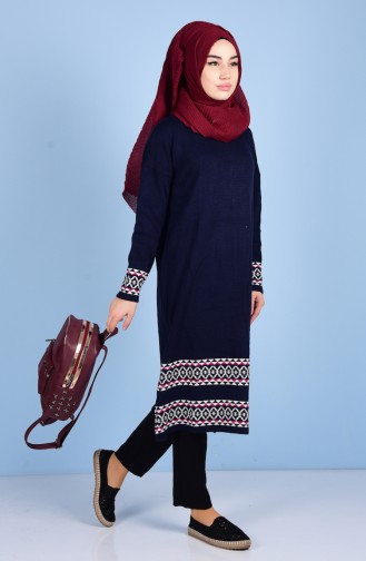 Decorated Knitwear Tunic 1505-05 Navy Blue 1505-05