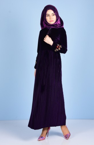 Velvet Detailed Dress 0171-03 Purple 0171-03