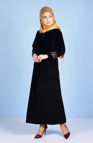 Velvet Detailed Dress 0171-04 Black 0171-04