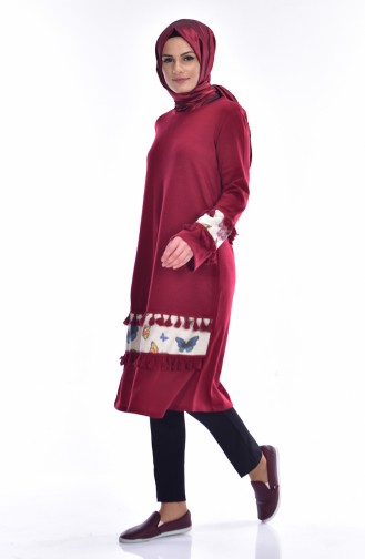 Tasseled Knitwear Tunic 7318-03 Claret Red 7318-03