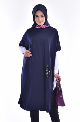 Sequin Detail Poncho 0093A-01 Navy Blue 0093A-01
