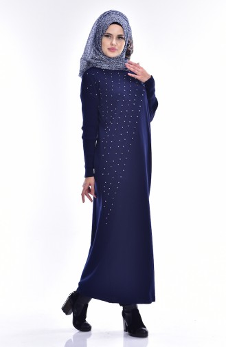 Knitwear Long Tunic with Pearls 7317-01 Navy Blue 7317-01