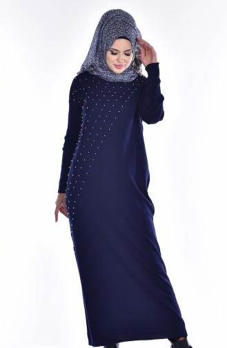 Knitwear Long Tunic with Pearls 7317-01 Navy Blue 7317-01