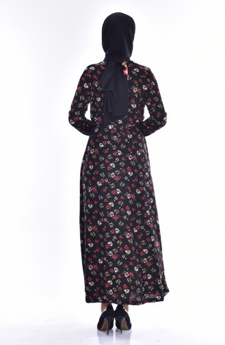 Desenli Kuşaklı Elbise 3201-02 Siyah Kırmızı