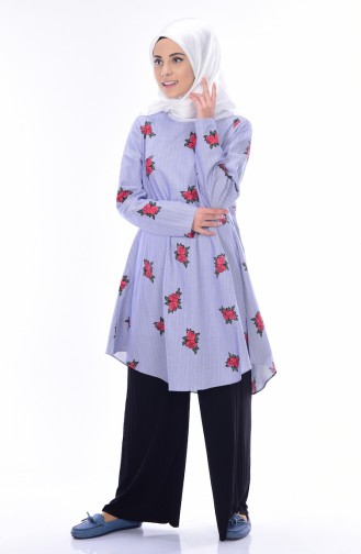 Flower Decorated Tunic 3121-11 Navy Blue Red 3121-11