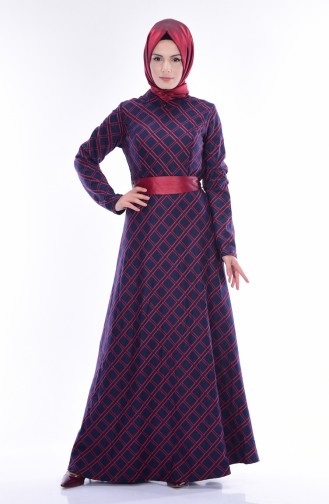 Decorated Dress with Belt 7415-03 Claret Red 7415-03