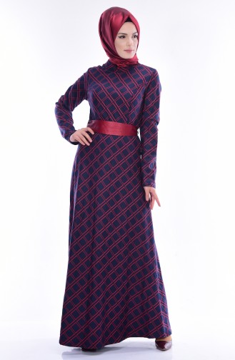 Decorated Dress with Belt 7415-03 Claret Red 7415-03