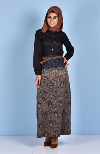 Decorated Skirt with Belt 2532-01 Mustard Navy Blue 2532-01