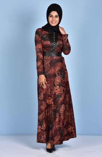 Decorated Dress with Belt 7460-02 Brown 7460-02