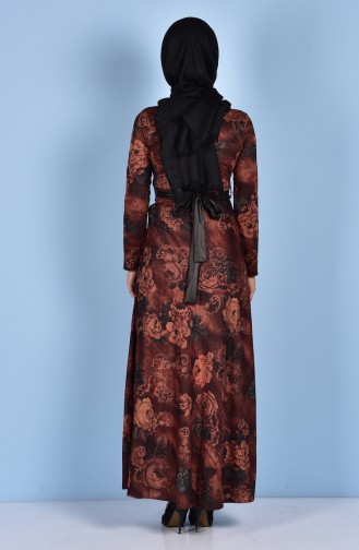 Decorated Dress with Belt 7460-02 Brown 7460-02