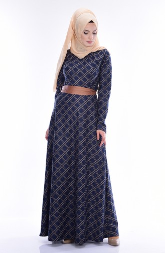 Decorated Dress with Belt 7415-01 Navy Blue 7415-01