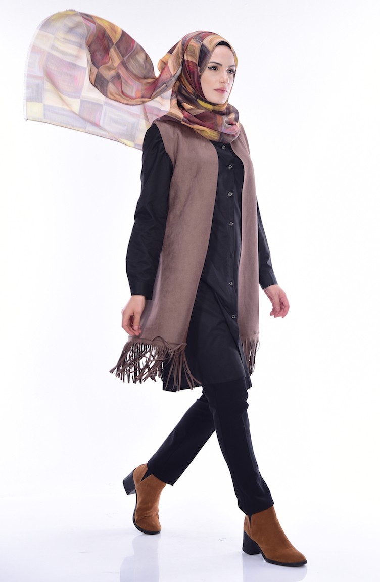 Gilet à Franges En Simili Daim Marron Naif - Taille M - Style Western Bohème