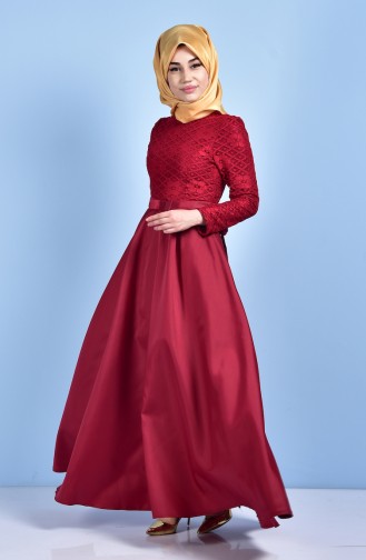 Laced Evening Dress with Belt 5064-03 Claret Red 5064-03