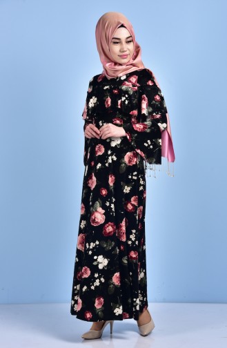 Kadife Çiçekli Elbise 1270-02 Siyah