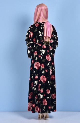 Kadife Çiçekli Elbise 1270-02 Siyah