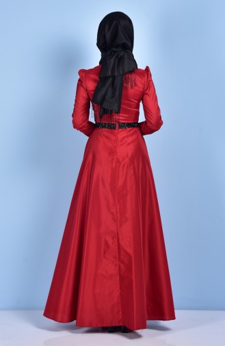 Taş Detaylı Tafta Abiye Elbise 0482-03 Kırmızı