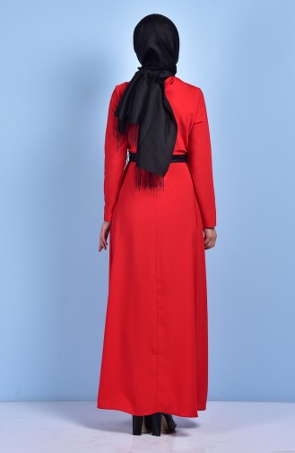 Kuşaklı Pileli Elbise 2258-09 Kırmızı