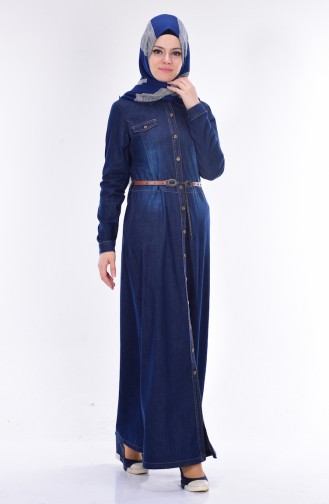 Long Denim Tunic with Belt 9201-01 Dark Navy Blue 9201-01