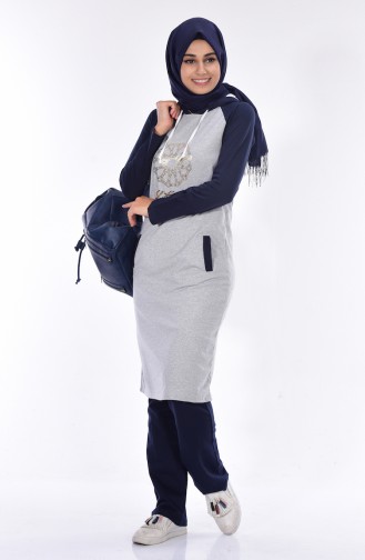 Islamic Sportswear Suit with Print 17004B-01 Grey Navy Blue 17004B-01