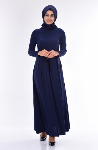 Pleated Dress with Belt 2258-01 Navy Blue 2258-01