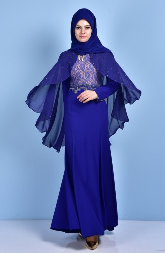 Saks-Blau Hijab-Abendkleider 7006-04