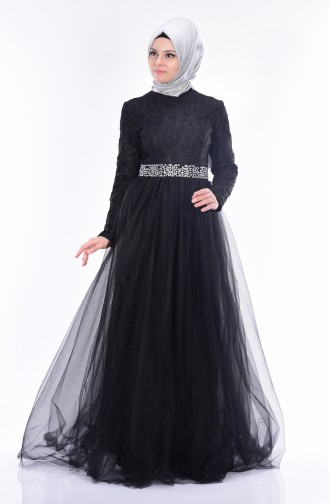 Robe de Soirée Tulle a Dentelle 0370-01 Noir 0370-01