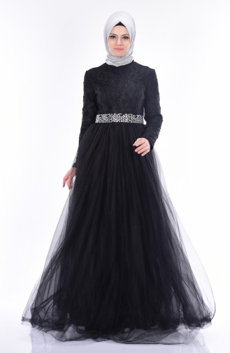 Robe de Soirée Tulle a Dentelle 0370-01 Noir 0370-01