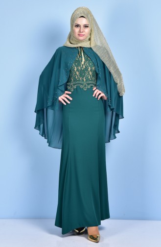 Emerald Green Hijab Evening Dress 7006-03