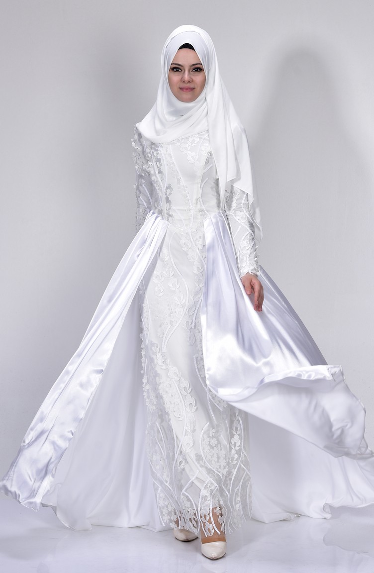White Islamic Clothing Evening Dress 0394 05 Sefamerve
