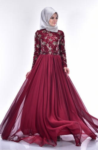 Claret Red Hijab Evening Dress 0488-04