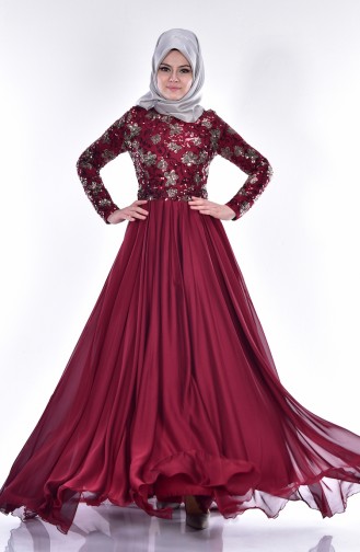 Claret Red Hijab Evening Dress 0488-04