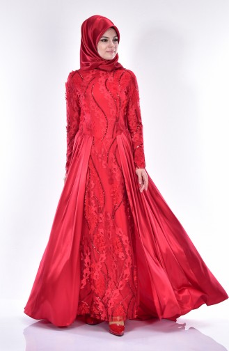 Red Hijab Evening Dress 0394-02
