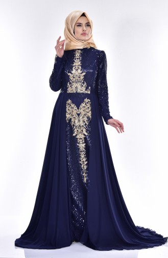 Navy Blue Hijab Evening Dress 0437-03