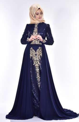 Navy Blue Hijab Evening Dress 0437-03
