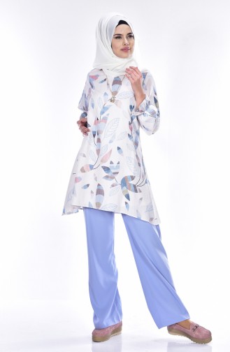 Tunik Pantolon İkili Takım 5082-22 Mavi Ekru