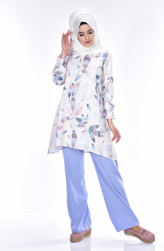 Tunik Pantolon İkili Takım 5082-22 Mavi Ekru