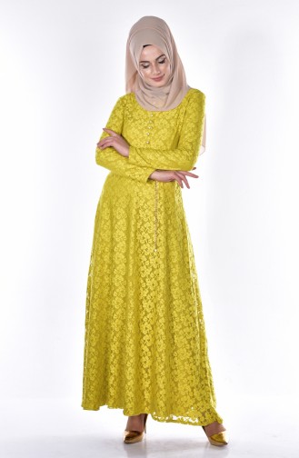 Dantel Kaplama Elbise 4405-01 Fıstık Yeşil