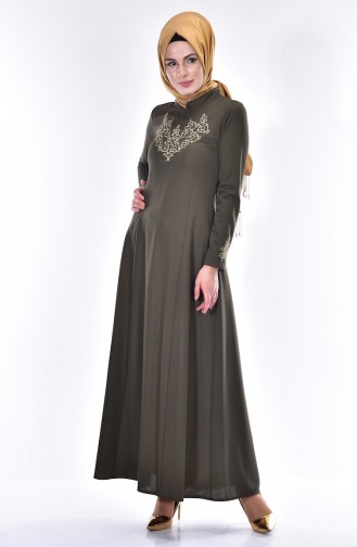 Rundhalsausschnitt Kleid mit Stickerei 4401-01 Khaki Grün 4401-01