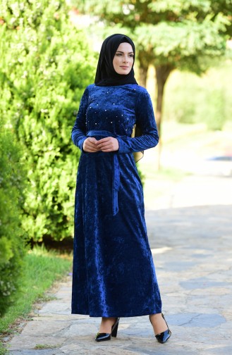 فستان مخمل لون أزرق نيلي 6112-03